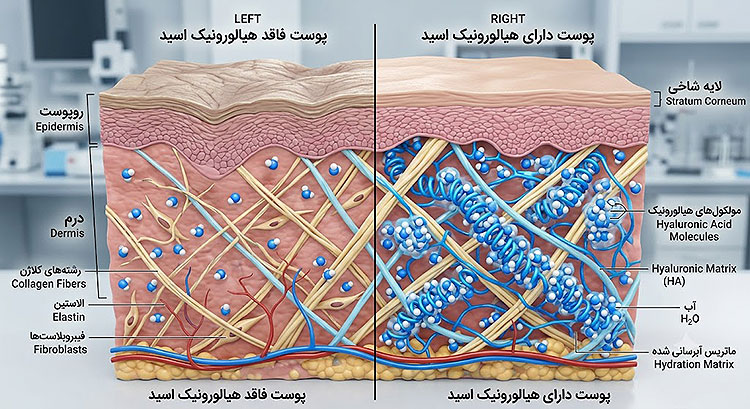 مقایسه پوست حاوی هایلورونیک اسید با پوست فاقد هیالورونیک اسید